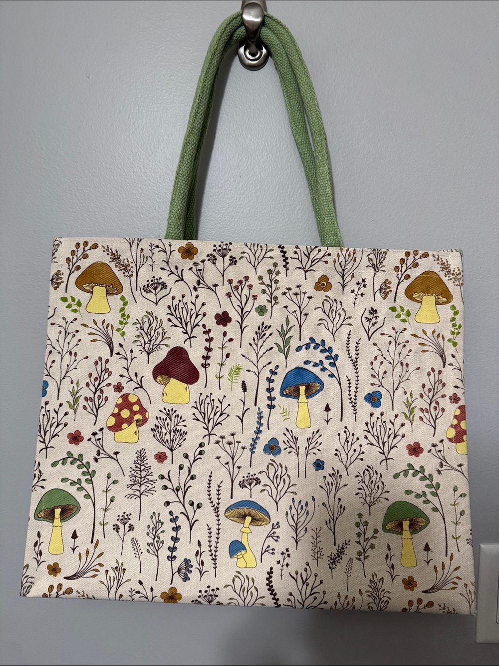 Whimsical Mushroom Print Canvas Tote in Green